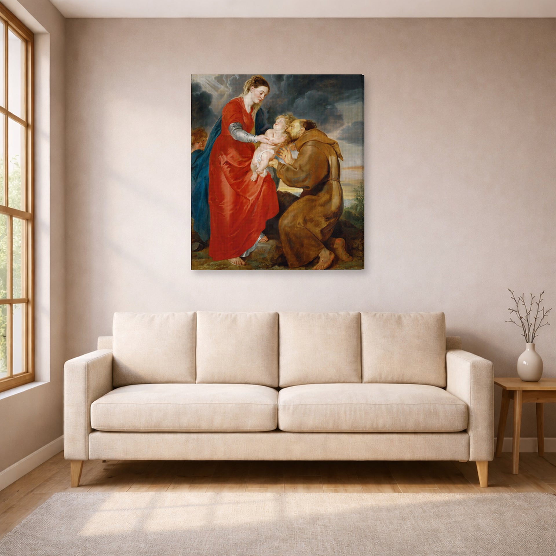 Gallery-wrapped canvas print of Jacques-Louis David's 'The Virgin Presents the Infant Jesus to Saint Francis' displayed on a wall in a living room