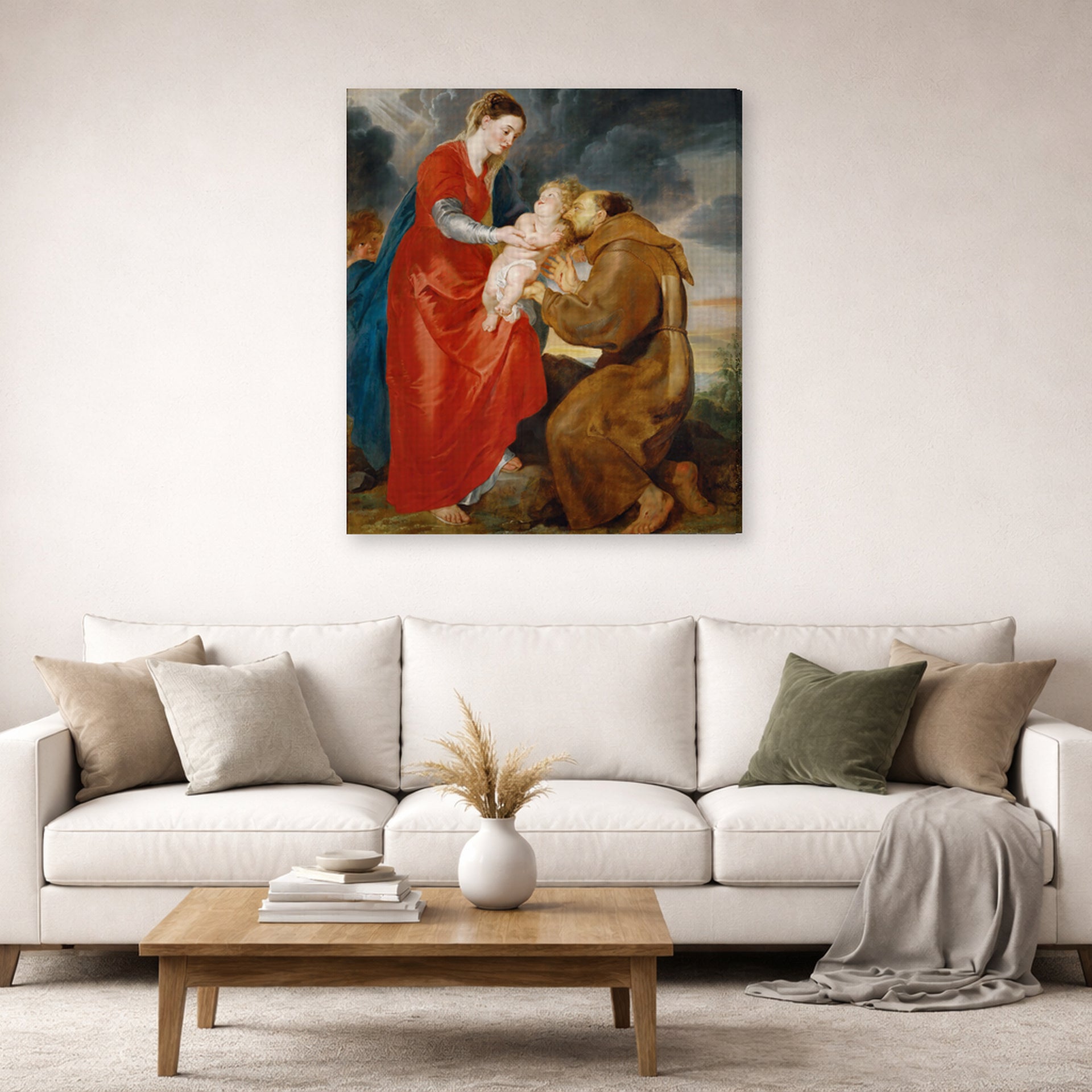 Gallery-wrapped canvas print of Jacques-Louis David's 'The Virgin Presents the Infant Jesus to Saint Francis' displayed on a wall in a living room