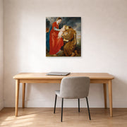 Gallery-wrapped canvas print of Jacques-Louis David's 'The Virgin Presents the Infant Jesus to Saint Francis' displayed on a wall in an office