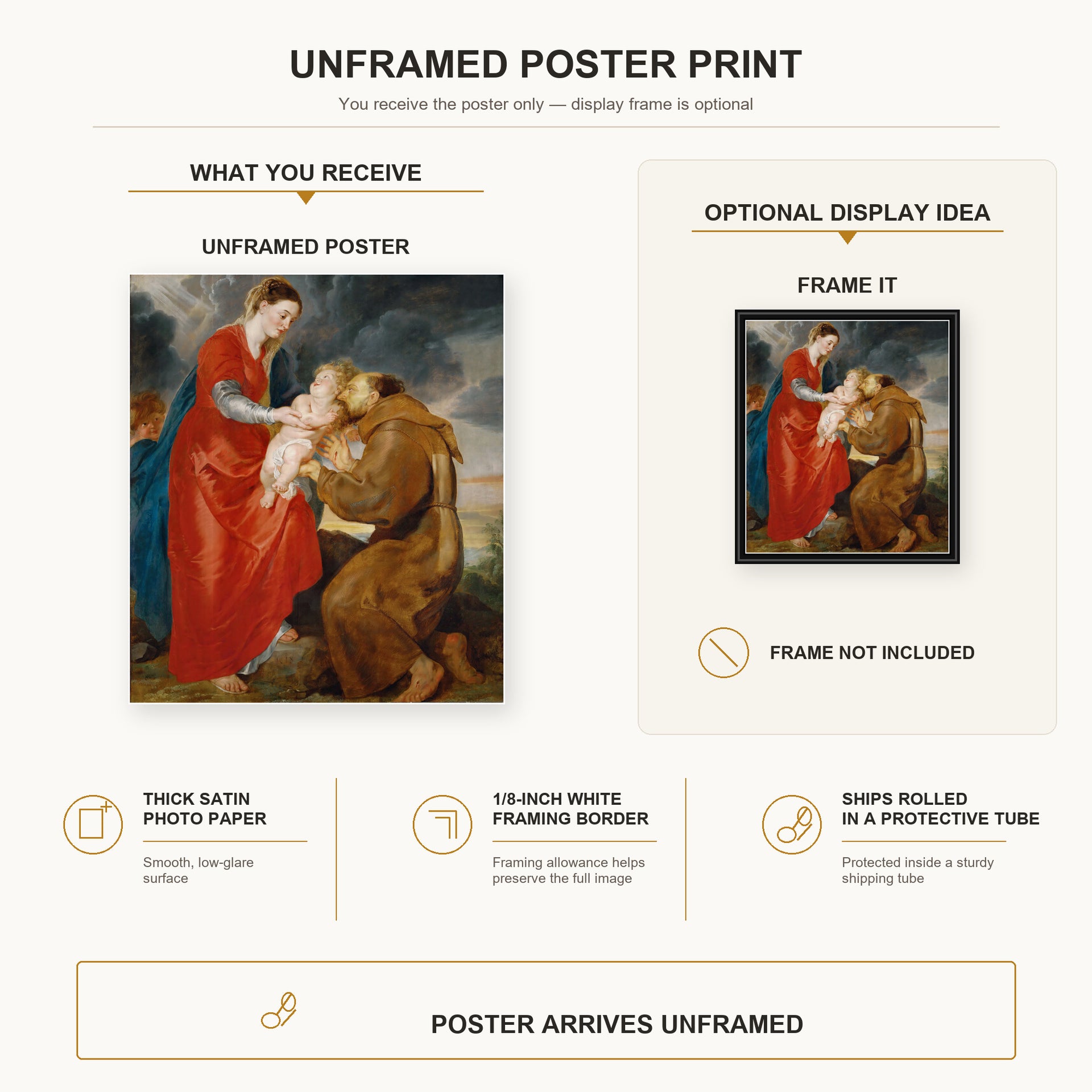 Jacques-Louis David - The Virgin Presents the Infant Jesus to Saint Francis poster print size comparison and framing display infographic