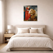 Unframed poster print of Jacques-Louis David's 'The Virgin Presents the Infant Jesus to Saint Francis' displayed on a wall in a bedroom