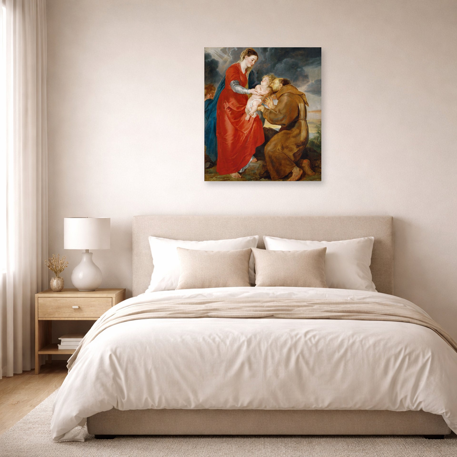 Unframed poster print of Jacques-Louis David's 'The Virgin Presents the Infant Jesus to Saint Francis' displayed on a wall in a bedroom