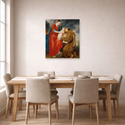 Unframed poster print of Jacques-Louis David's 'The Virgin Presents the Infant Jesus to Saint Francis' displayed on a wall in a dining room