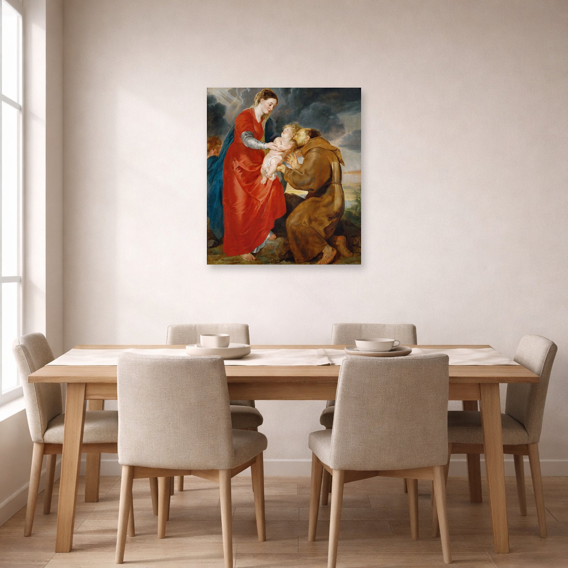 Unframed poster print of Jacques-Louis David's 'The Virgin Presents the Infant Jesus to Saint Francis' displayed on a wall in a dining room