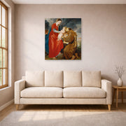 Unframed poster print of Jacques-Louis David's 'The Virgin Presents the Infant Jesus to Saint Francis' displayed on a wall in a living room