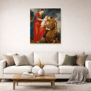Unframed poster print of Jacques-Louis David's 'The Virgin Presents the Infant Jesus to Saint Francis' displayed on a wall in a living room