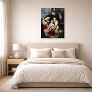 Gallery-wrapped canvas print of Jacques-Louis David's 'The Virgin and Child with Saint Elizabeth and the Infant saint John the Baptist' displayed on a wall in a bedroom