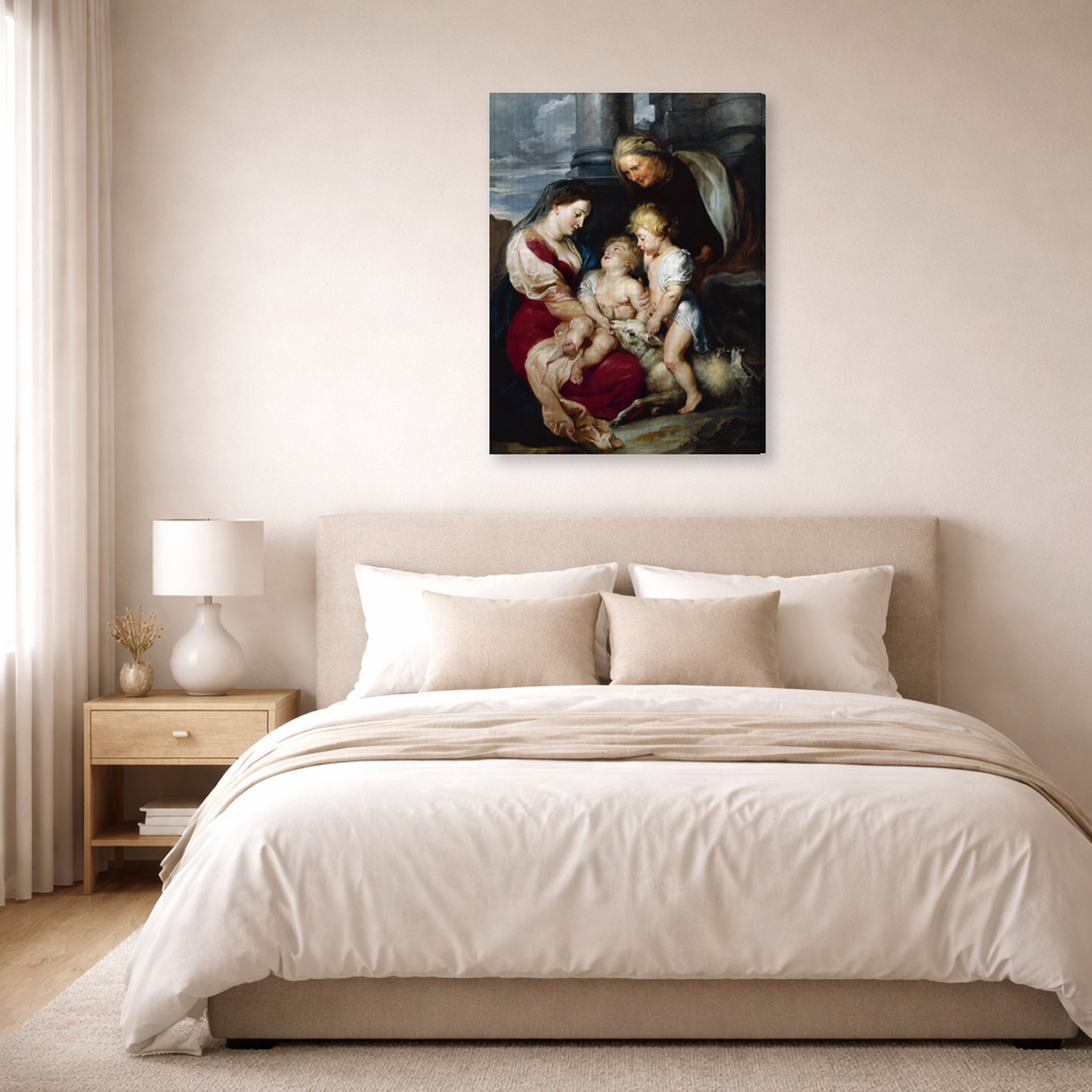 Gallery-wrapped canvas print of Jacques-Louis David's 'The Virgin and Child with Saint Elizabeth and the Infant saint John the Baptist' displayed on a wall in a bedroom