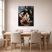 Gallery-wrapped canvas print of Jacques-Louis David's 'The Virgin and Child with Saint Elizabeth and the Infant saint John the Baptist' displayed on a wall in a dining room