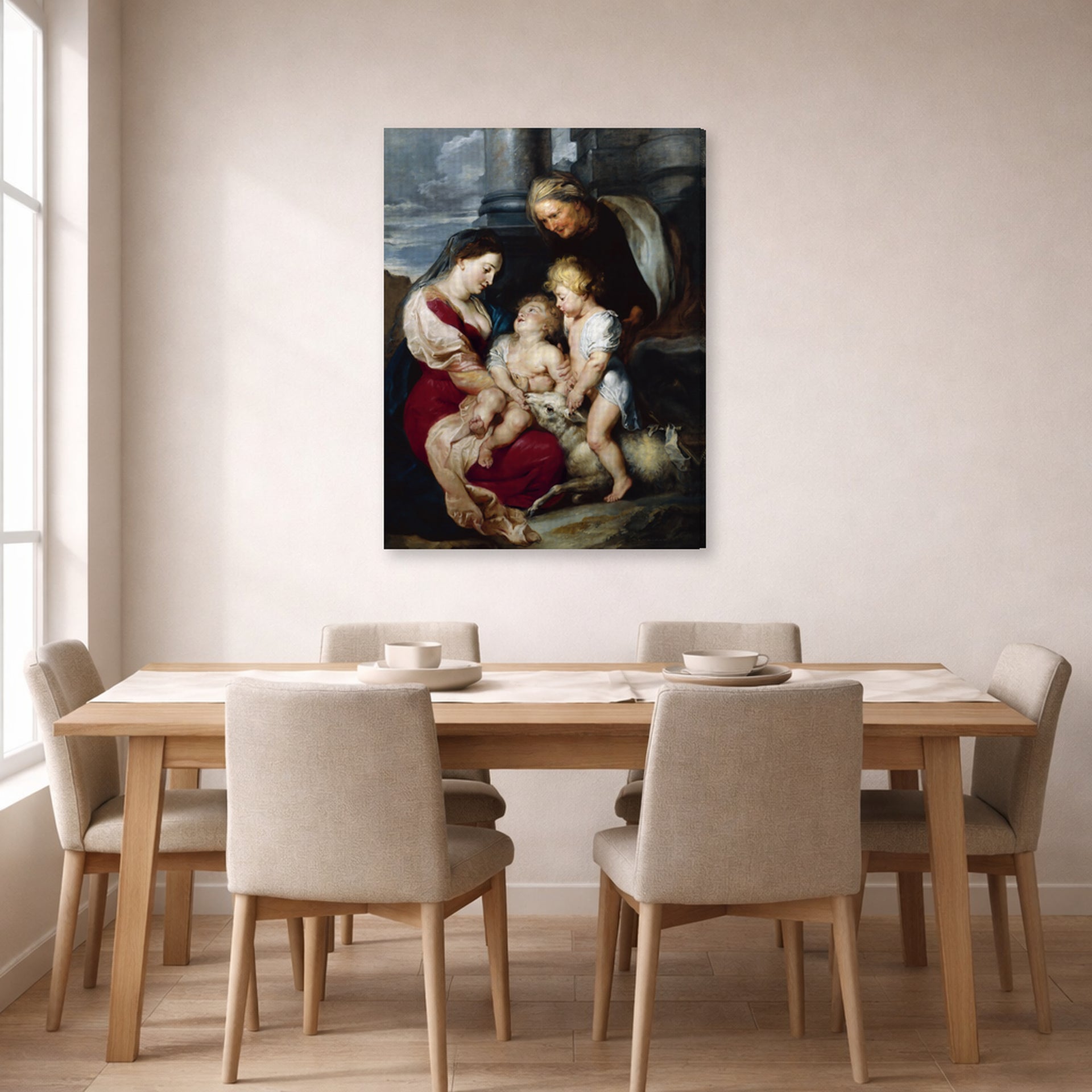 Gallery-wrapped canvas print of Jacques-Louis David's 'The Virgin and Child with Saint Elizabeth and the Infant saint John the Baptist' displayed on a wall in a dining room