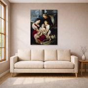 Gallery-wrapped canvas print of Jacques-Louis David's 'The Virgin and Child with Saint Elizabeth and the Infant saint John the Baptist' displayed on a wall in a living room