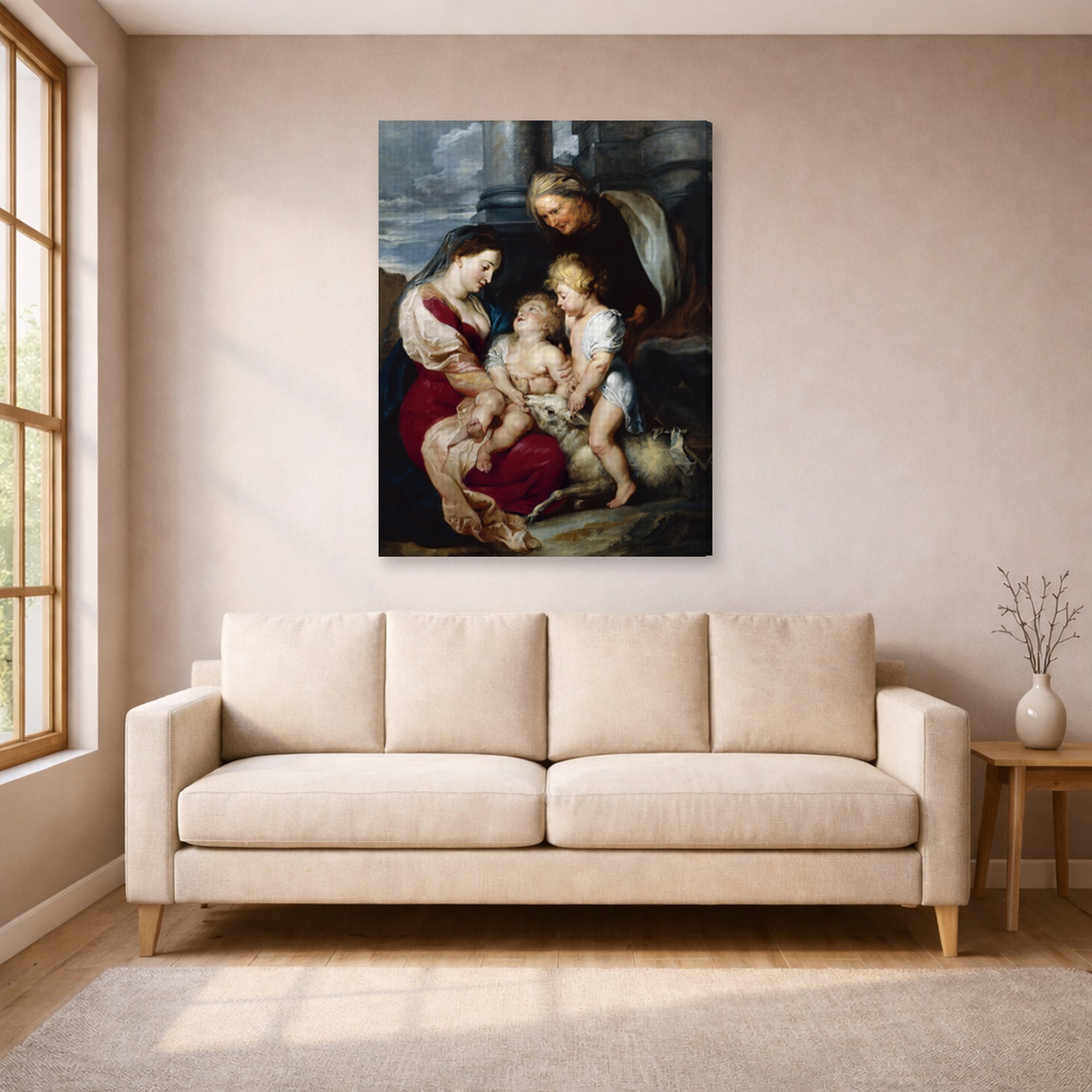 Gallery-wrapped canvas print of Jacques-Louis David's 'The Virgin and Child with Saint Elizabeth and the Infant saint John the Baptist' displayed on a wall in a living room