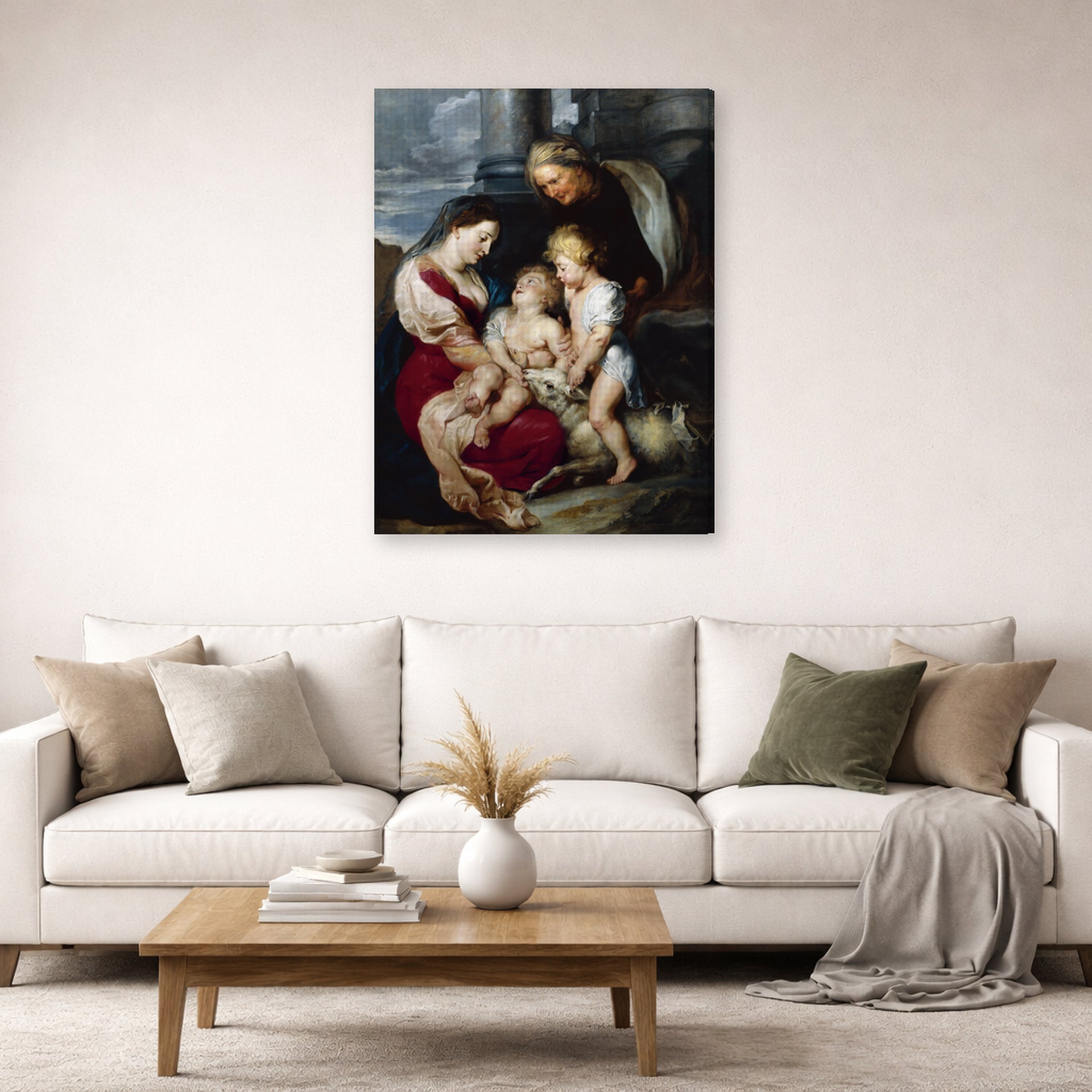 Gallery-wrapped canvas print of Jacques-Louis David's 'The Virgin and Child with Saint Elizabeth and the Infant saint John the Baptist' displayed on a wall in a living room