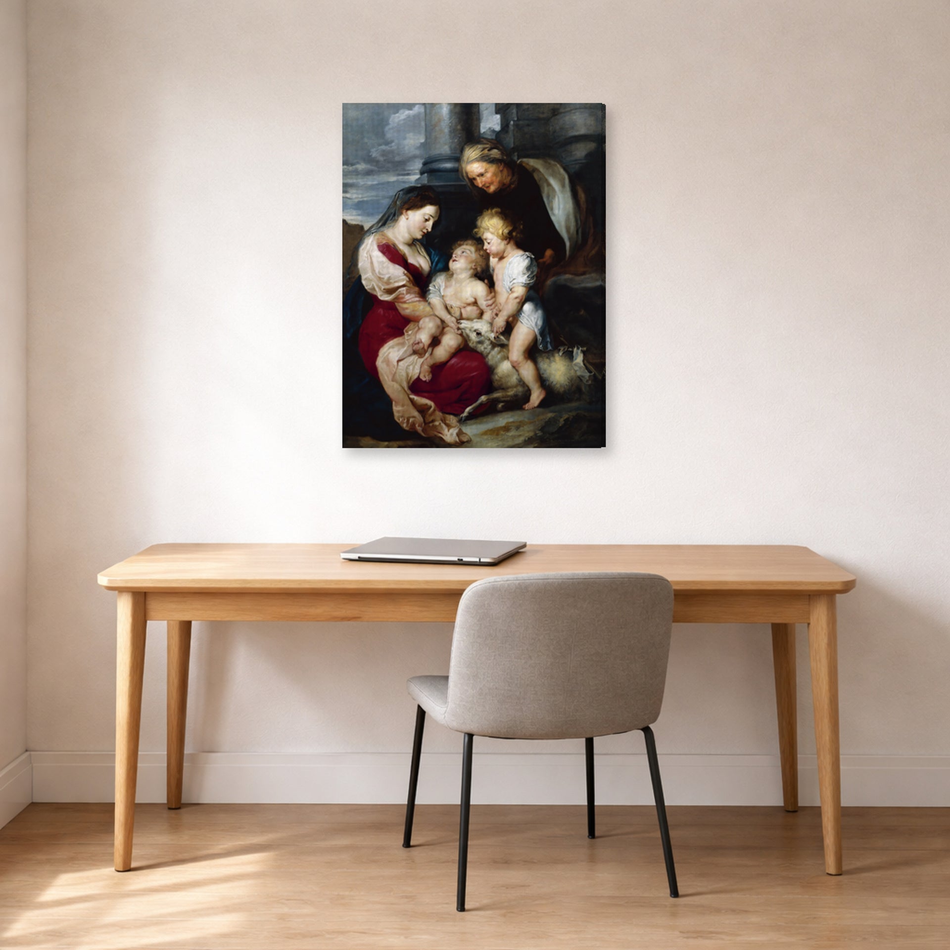 Gallery-wrapped canvas print of Jacques-Louis David's 'The Virgin and Child with Saint Elizabeth and the Infant saint John the Baptist' displayed on a wall in an office