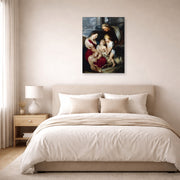 Unframed poster print of Jacques-Louis David's 'The Virgin and Child with Saint Elizabeth and the Infant saint John the Baptist' displayed on a wall in a bedroom