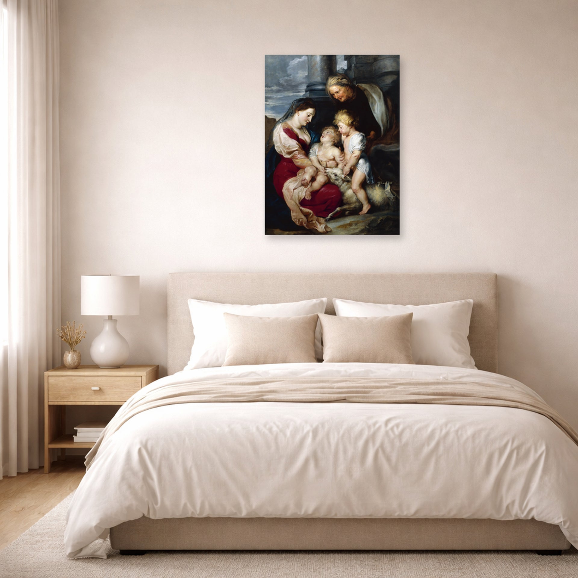 Unframed poster print of Jacques-Louis David's 'The Virgin and Child with Saint Elizabeth and the Infant saint John the Baptist' displayed on a wall in a bedroom