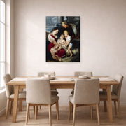 Unframed poster print of Jacques-Louis David's 'The Virgin and Child with Saint Elizabeth and the Infant saint John the Baptist' displayed on a wall in a dining room
