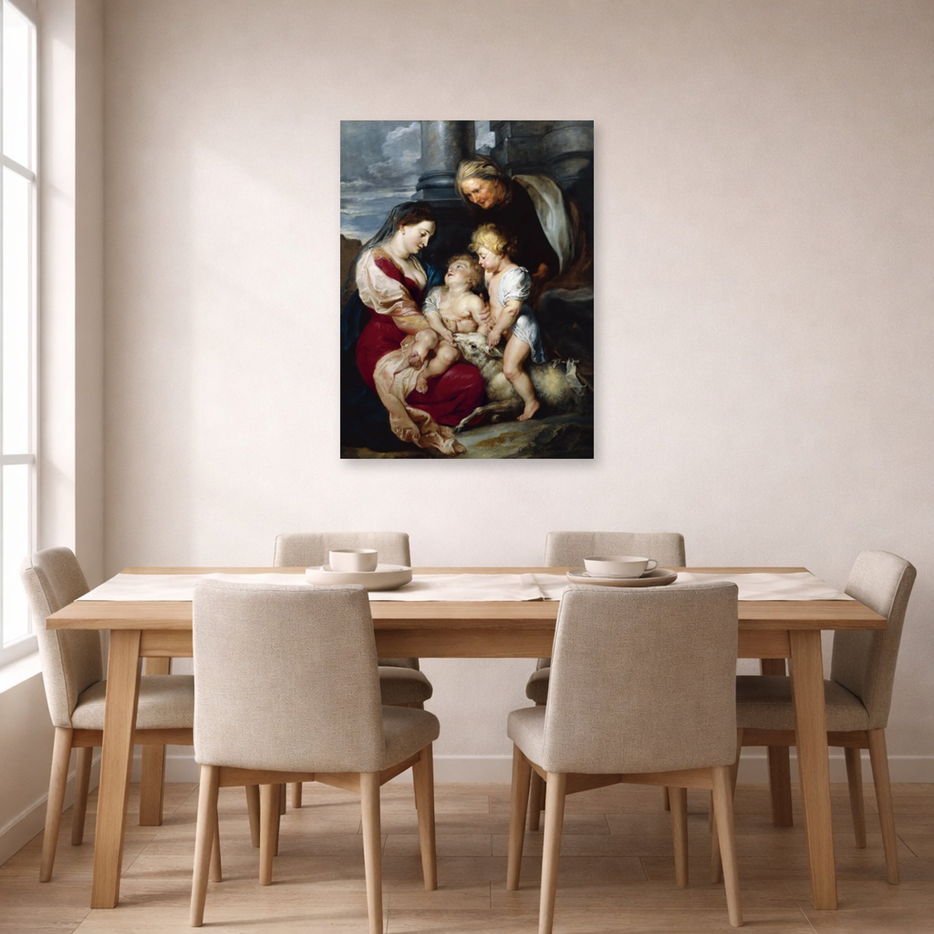 Unframed poster print of Jacques-Louis David's 'The Virgin and Child with Saint Elizabeth and the Infant saint John the Baptist' displayed on a wall in a dining room