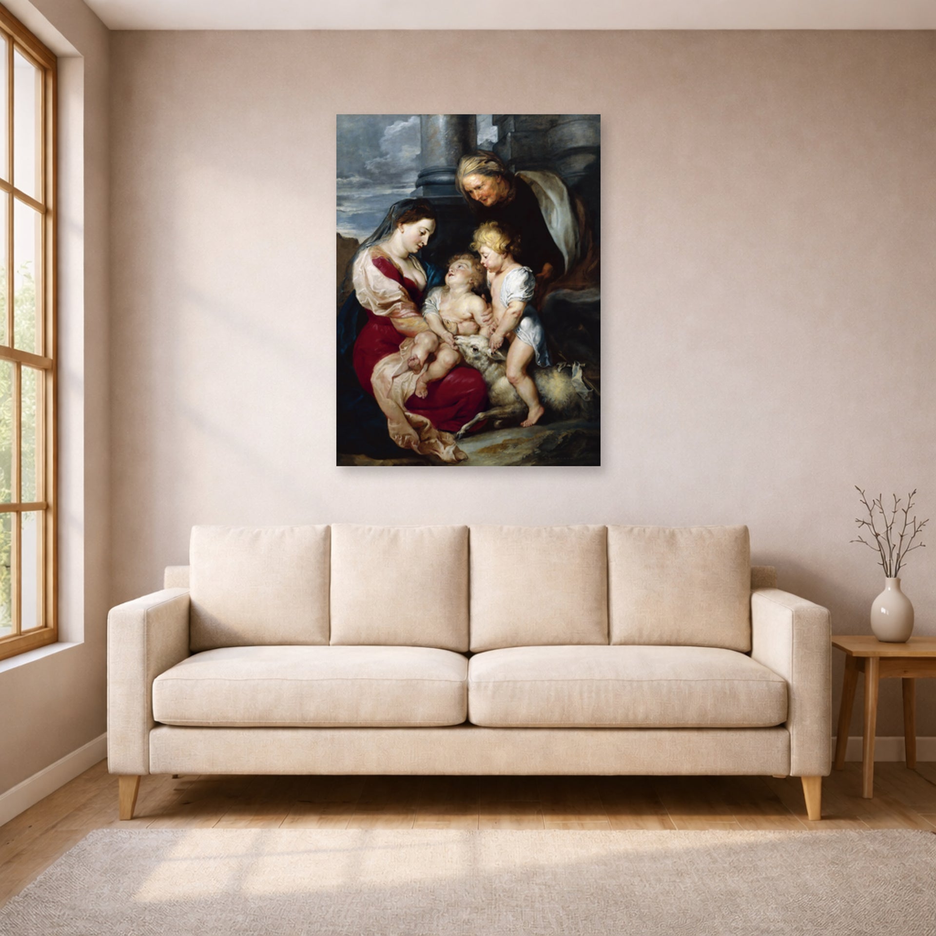Unframed poster print of Jacques-Louis David's 'The Virgin and Child with Saint Elizabeth and the Infant saint John the Baptist' displayed on a wall in a living room