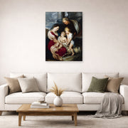 Unframed poster print of Jacques-Louis David's 'The Virgin and Child with Saint Elizabeth and the Infant saint John the Baptist' displayed on a wall in a living room