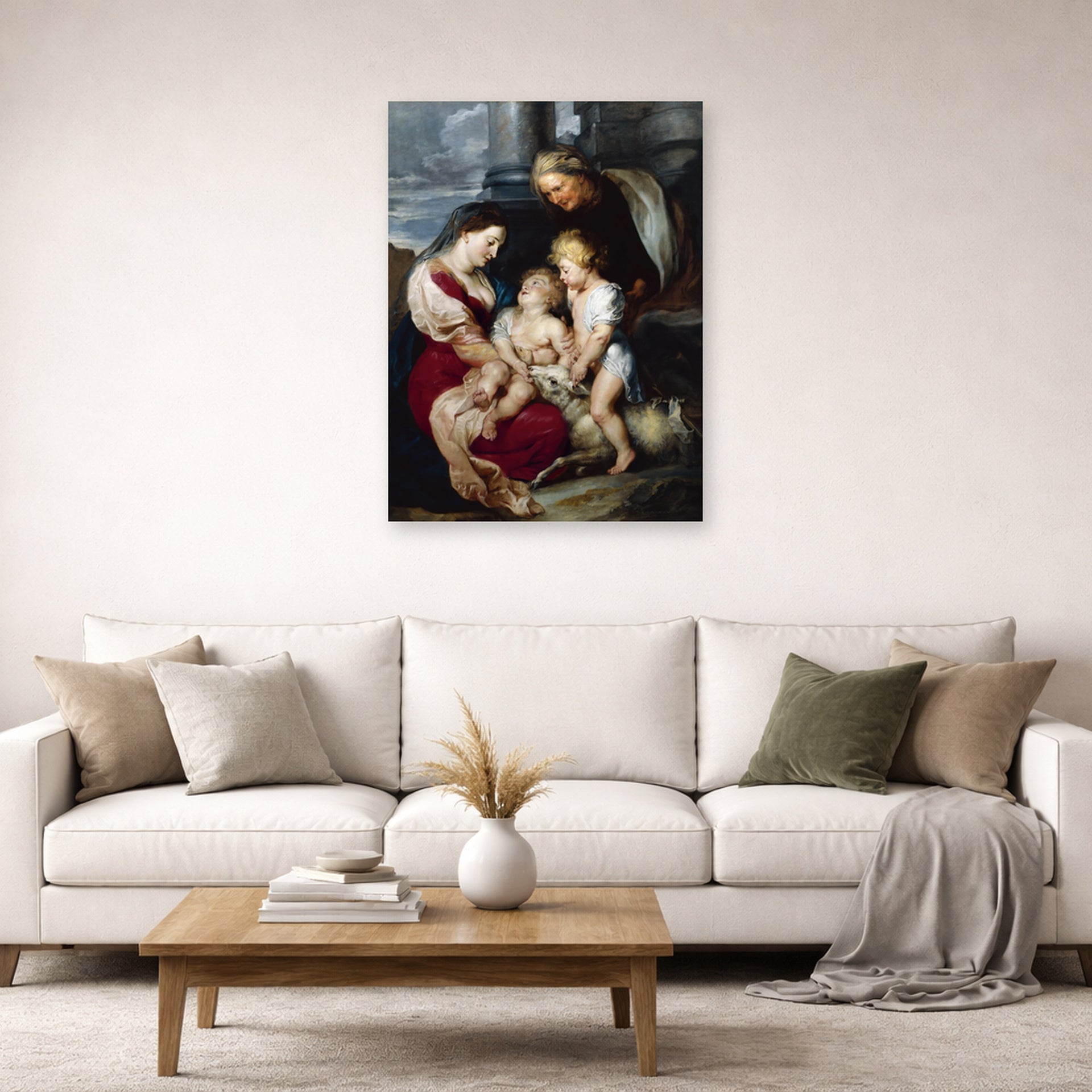 Unframed poster print of Jacques-Louis David's 'The Virgin and Child with Saint Elizabeth and the Infant saint John the Baptist' displayed on a wall in a living room