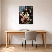 Unframed poster print of Jacques-Louis David's 'The Virgin and Child with Saint Elizabeth and the Infant saint John the Baptist' displayed on a wall in an office