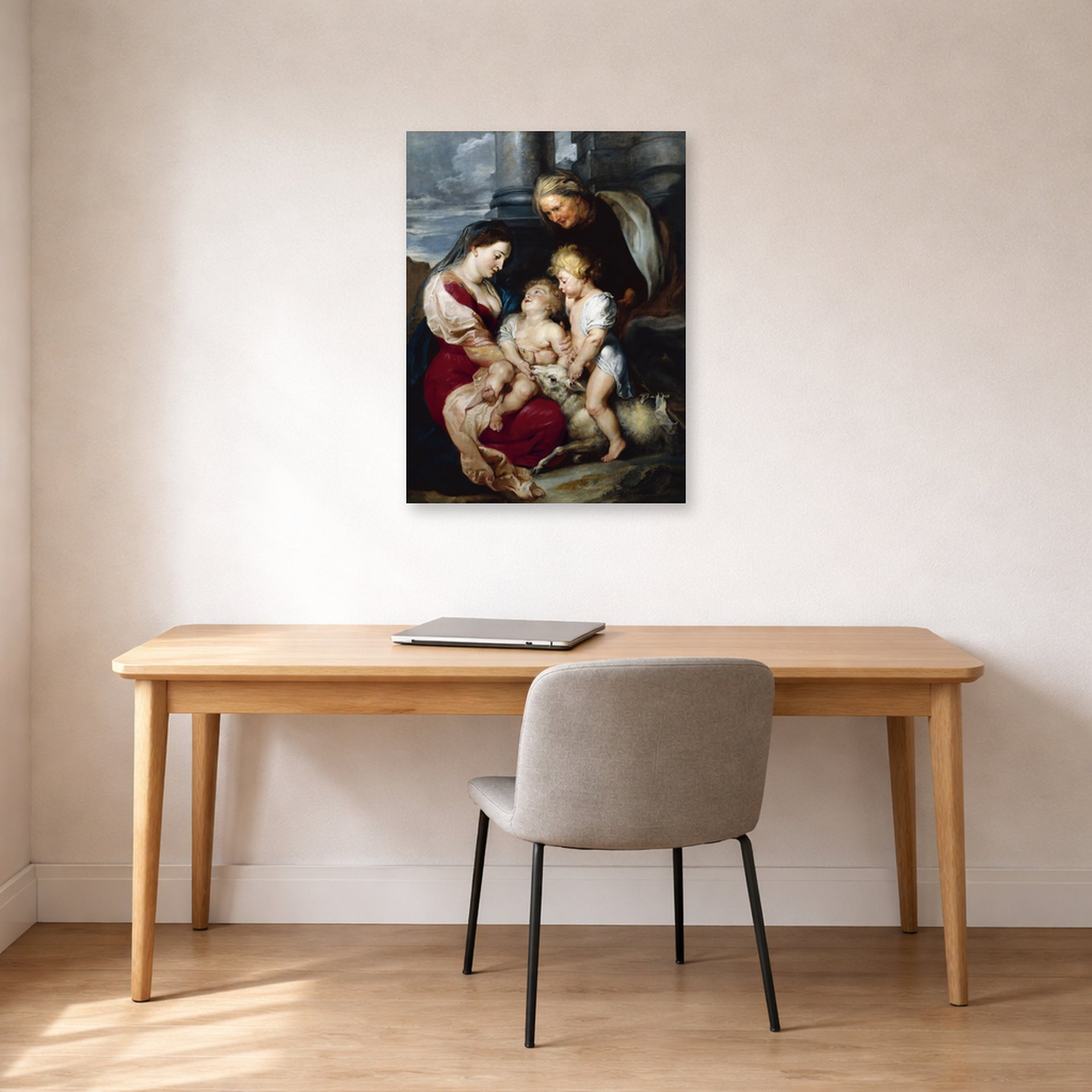 Unframed poster print of Jacques-Louis David's 'The Virgin and Child with Saint Elizabeth and the Infant saint John the Baptist' displayed on a wall in an office