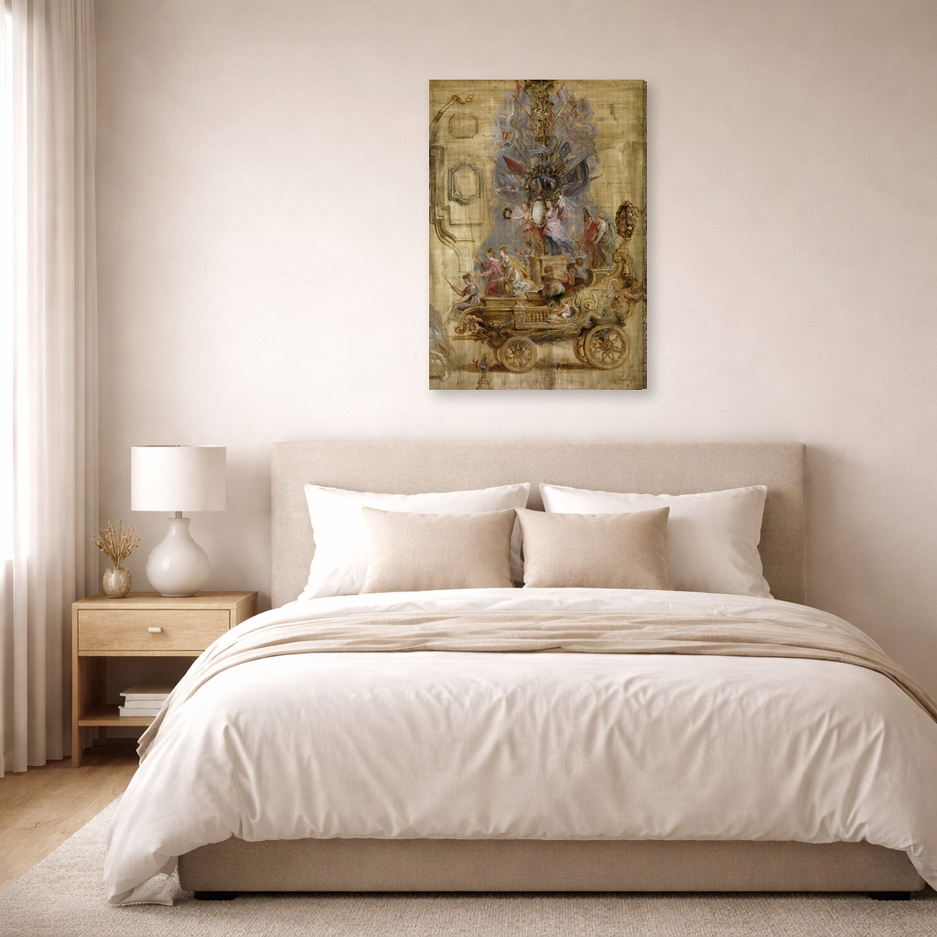 Gallery-wrapped canvas print of Jacques-Louis David's 'Triumphal Car of Kallo' displayed on a wall in a bedroom