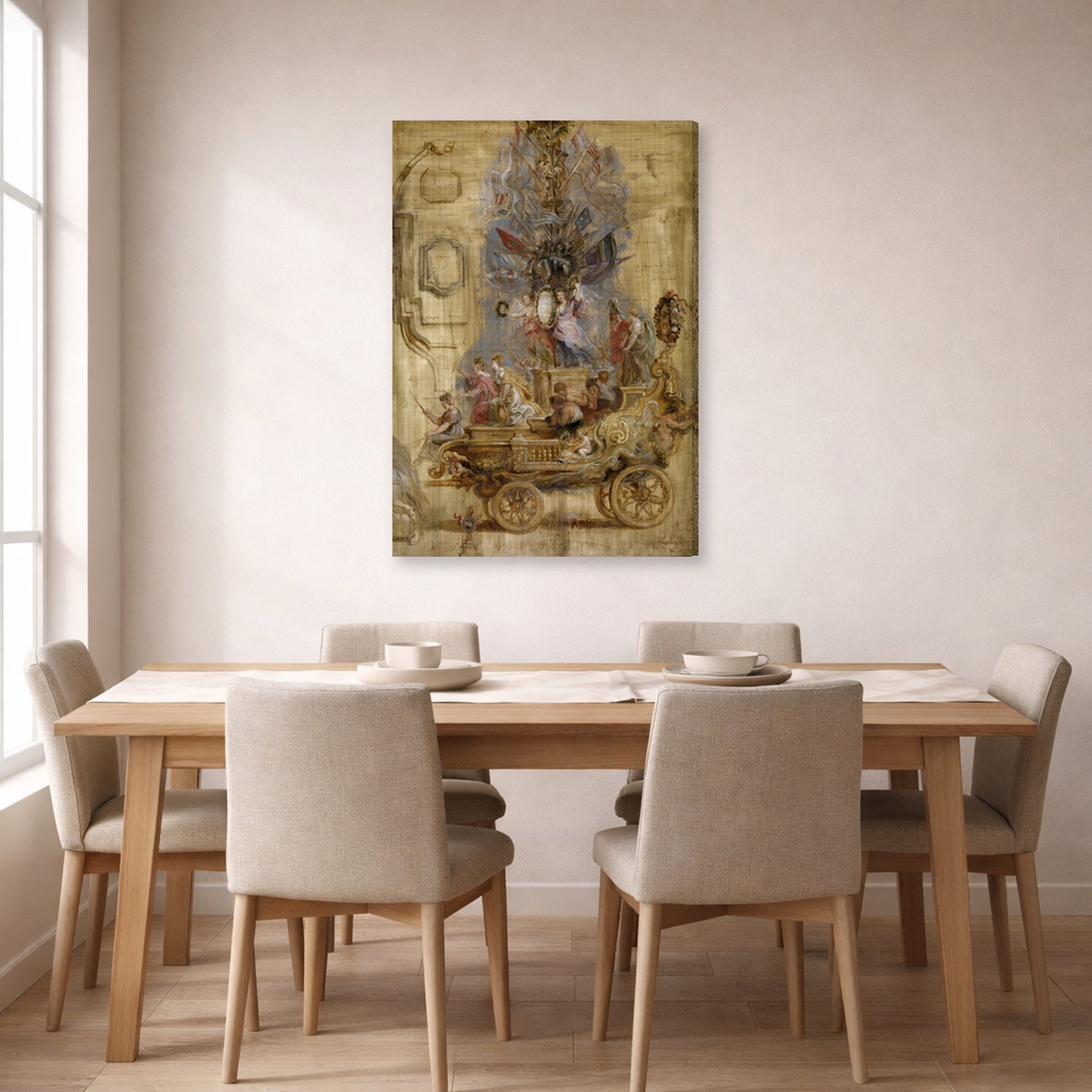 Gallery-wrapped canvas print of Jacques-Louis David's 'Triumphal Car of Kallo' displayed on a wall in a dining room