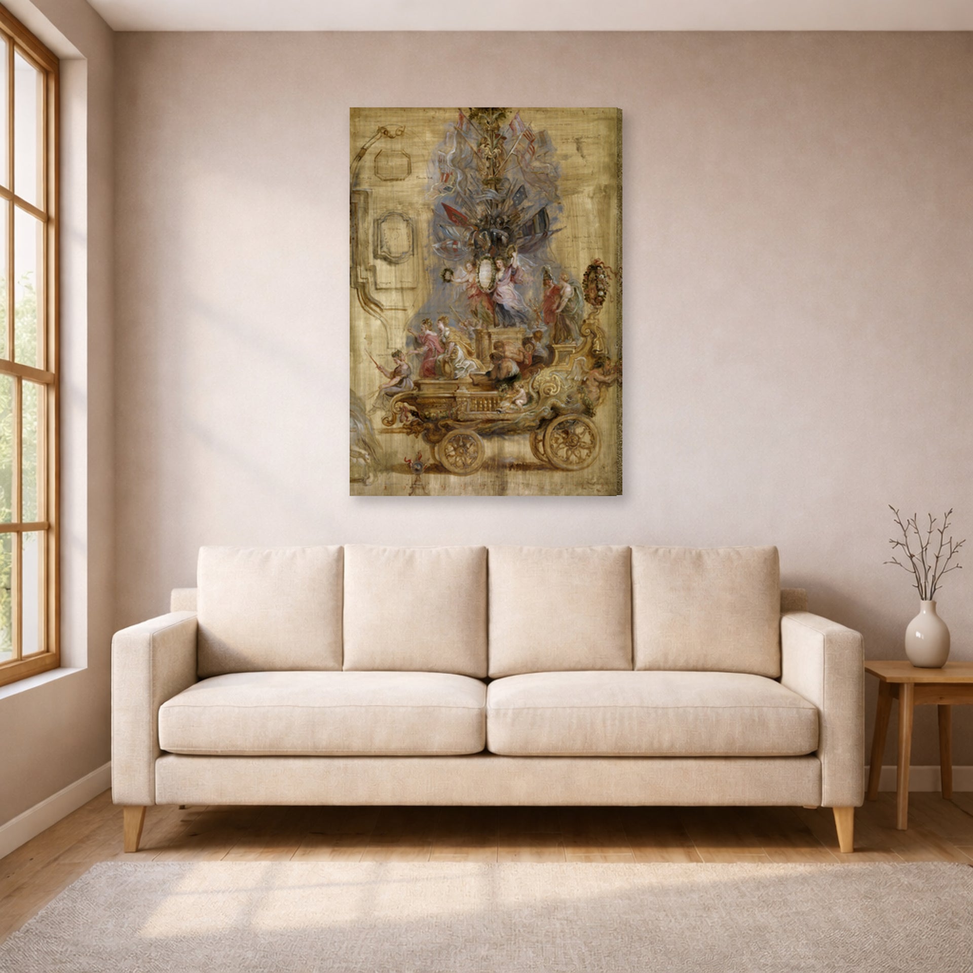 Gallery-wrapped canvas print of Jacques-Louis David's 'Triumphal Car of Kallo' displayed on a wall in a living room