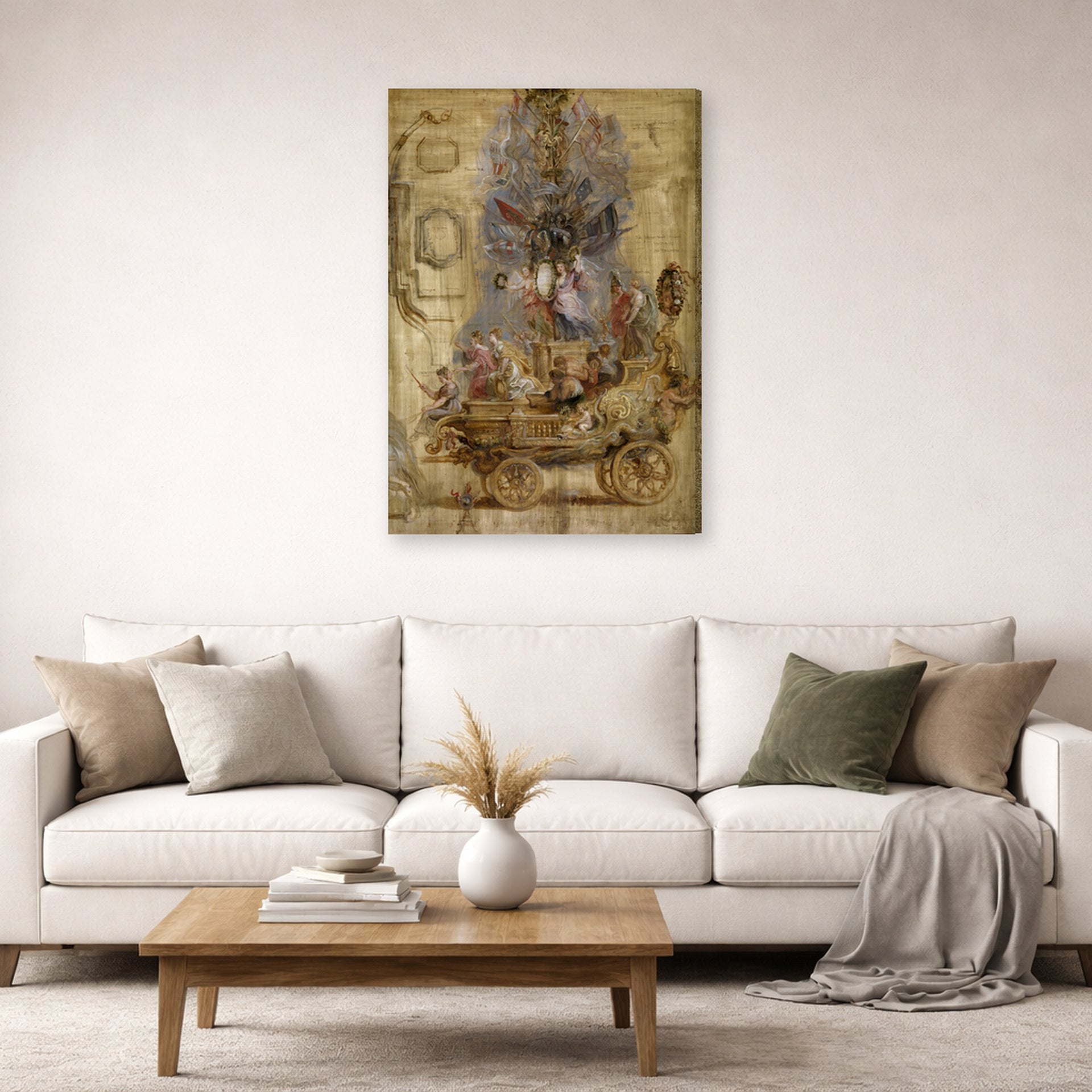 Gallery-wrapped canvas print of Jacques-Louis David's 'Triumphal Car of Kallo' displayed on a wall in a living room