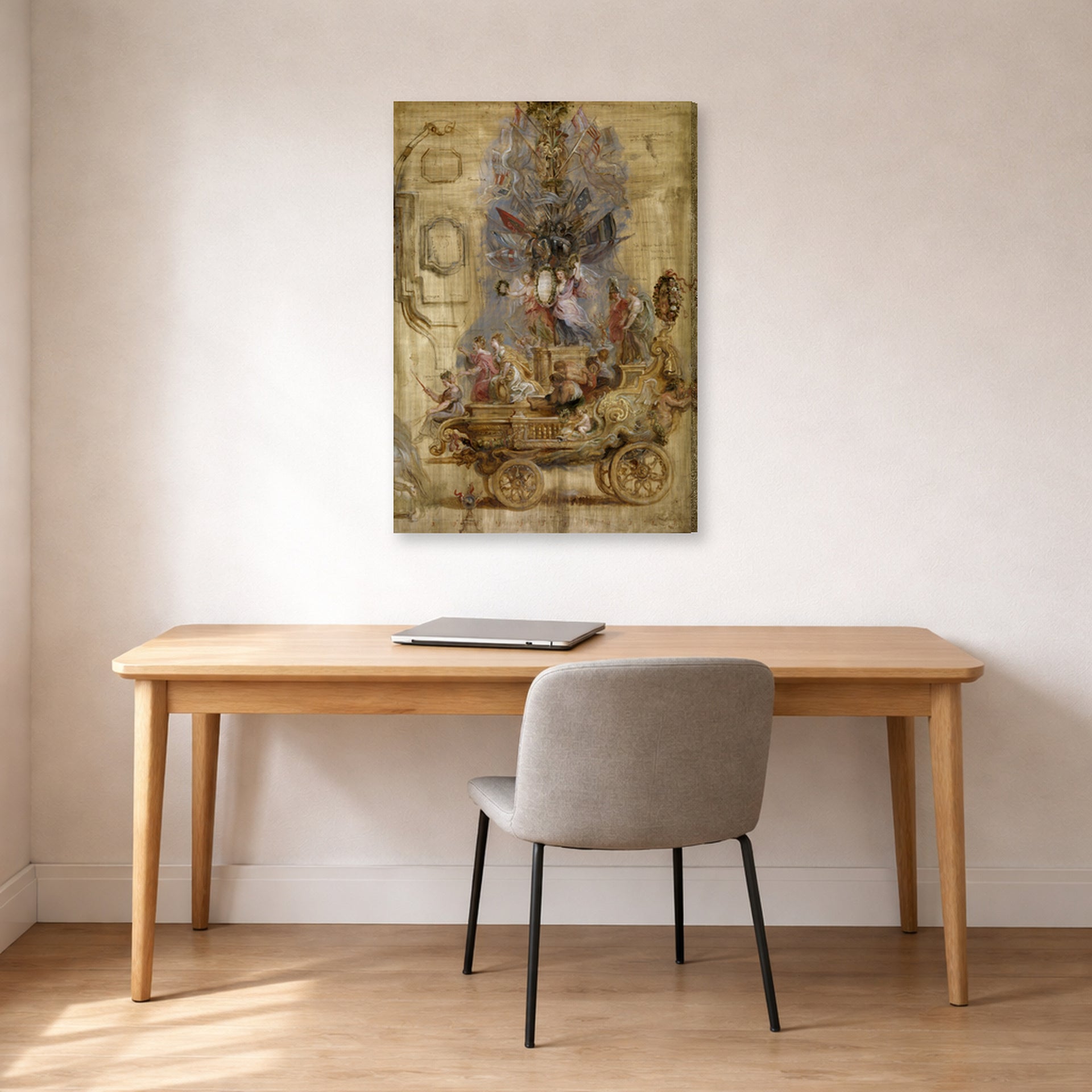 Gallery-wrapped canvas print of Jacques-Louis David's 'Triumphal Car of Kallo' displayed on a wall in an office