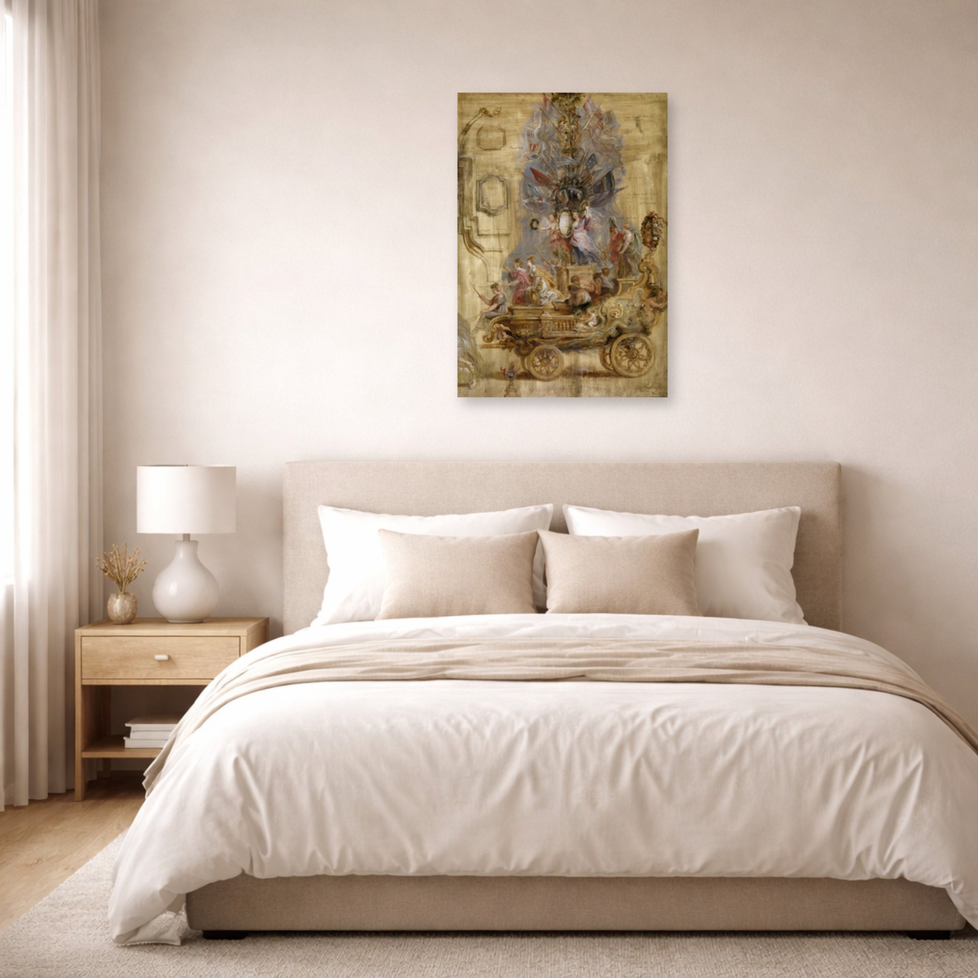 Unframed poster print of Jacques-Louis David's 'Triumphal Car of Kallo' displayed on a wall in a bedroom