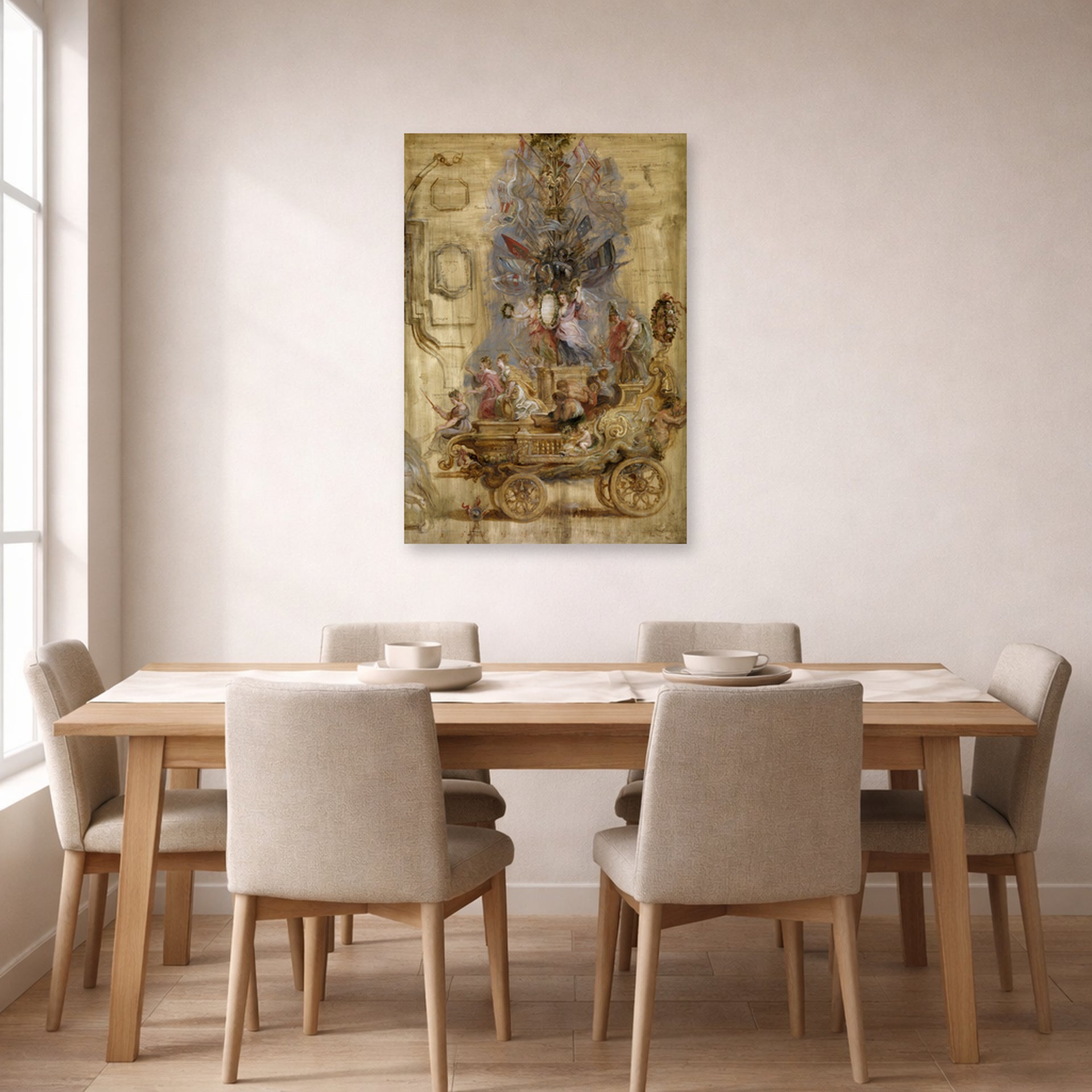 Unframed poster print of Jacques-Louis David's 'Triumphal Car of Kallo' displayed on a wall in a dining room