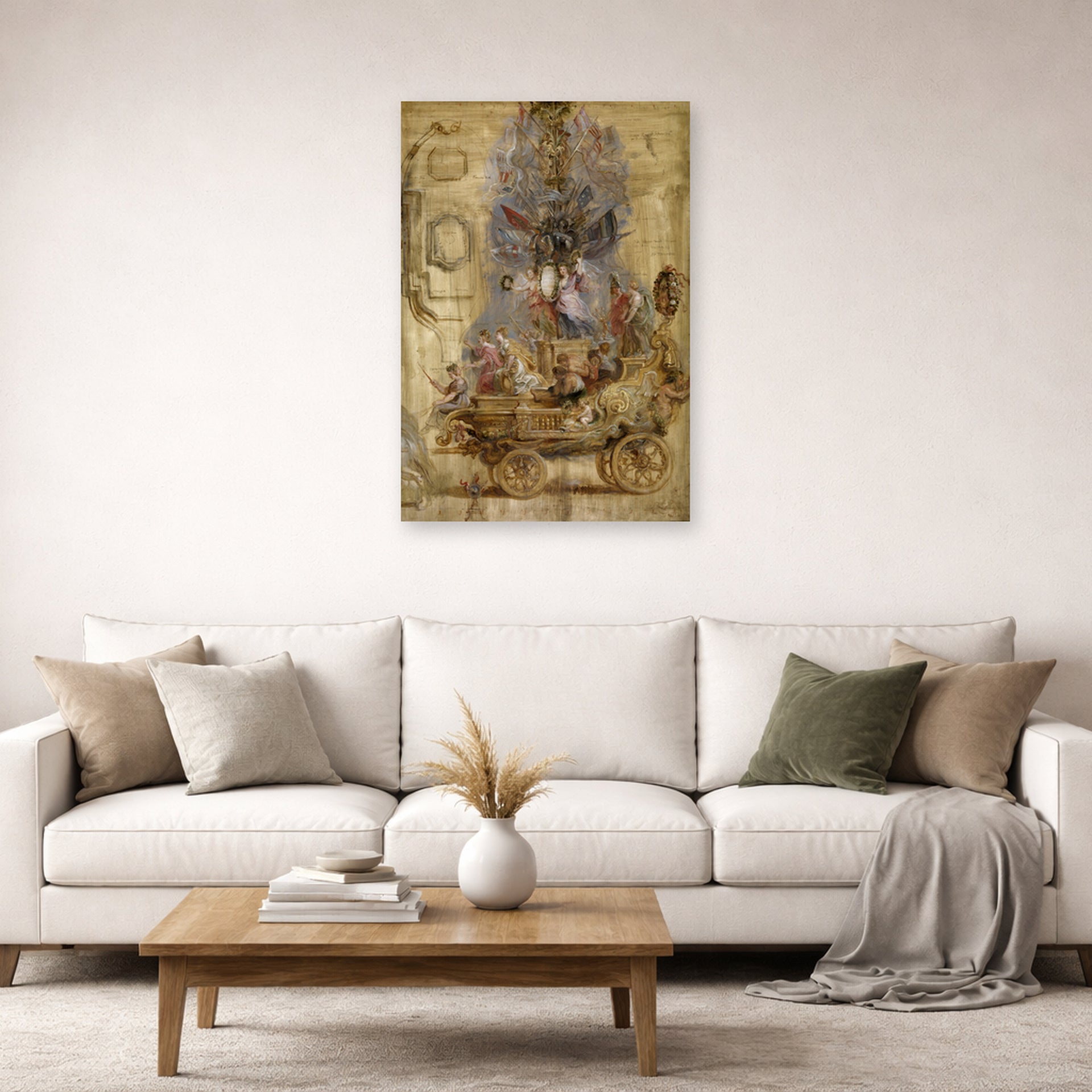 Unframed poster print of Jacques-Louis David's 'Triumphal Car of Kallo' displayed on a wall in a living room