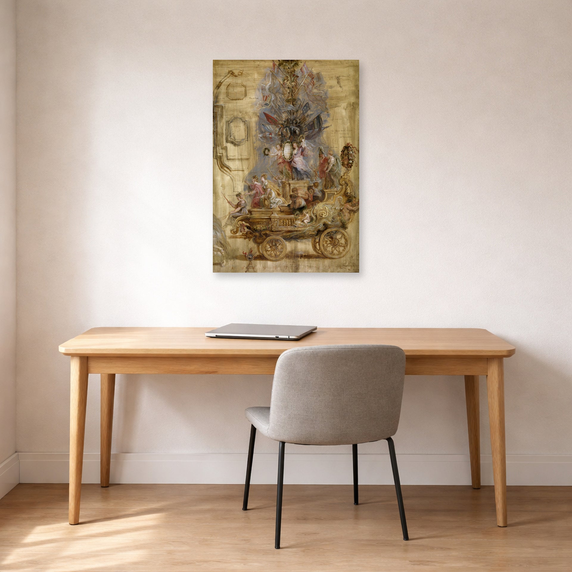 Unframed poster print of Jacques-Louis David's 'Triumphal Car of Kallo' displayed on a wall in an office