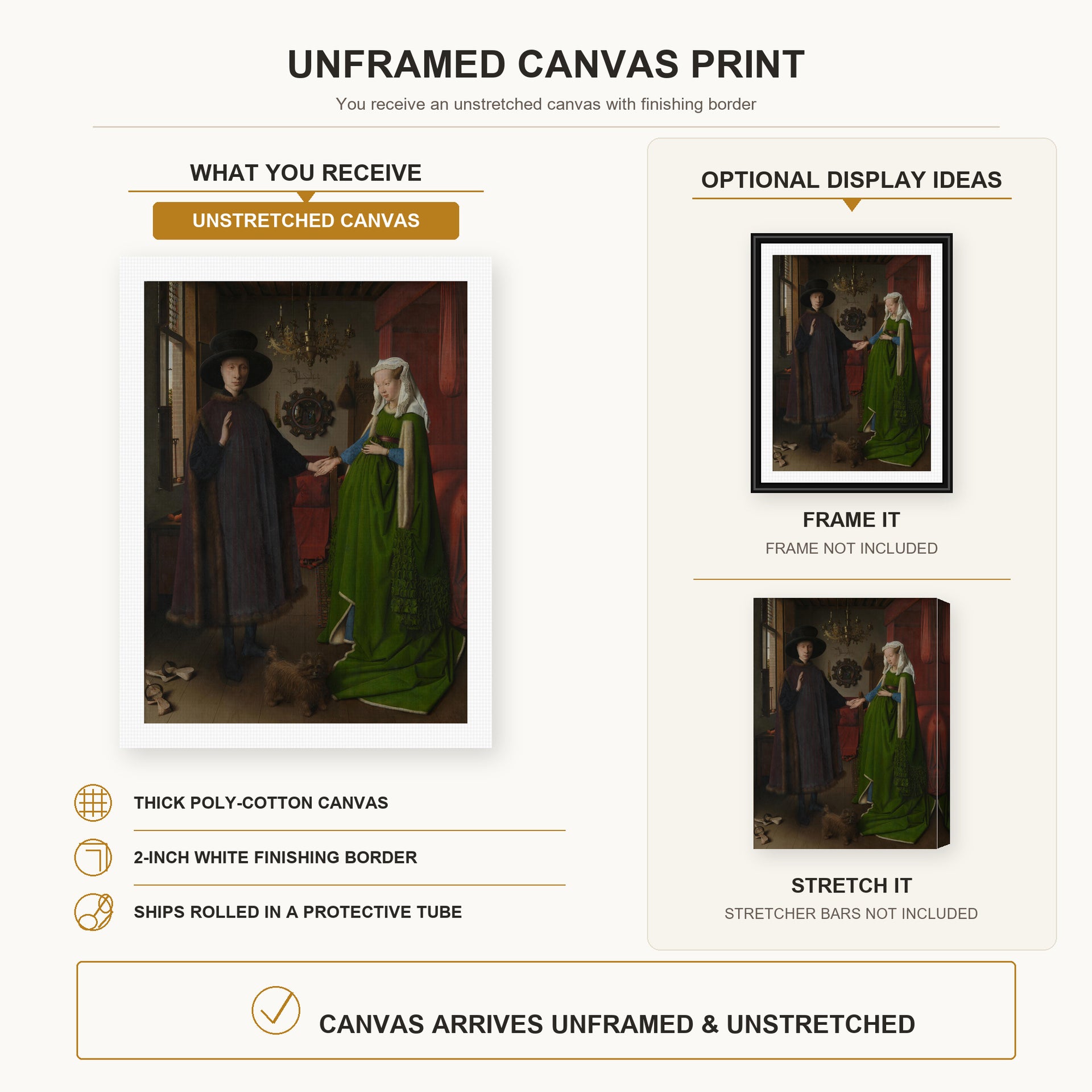 Jan van Eyck - Portrait of Giovanni Arnolfini and his Wife canvas print size comparison and framing display infographic