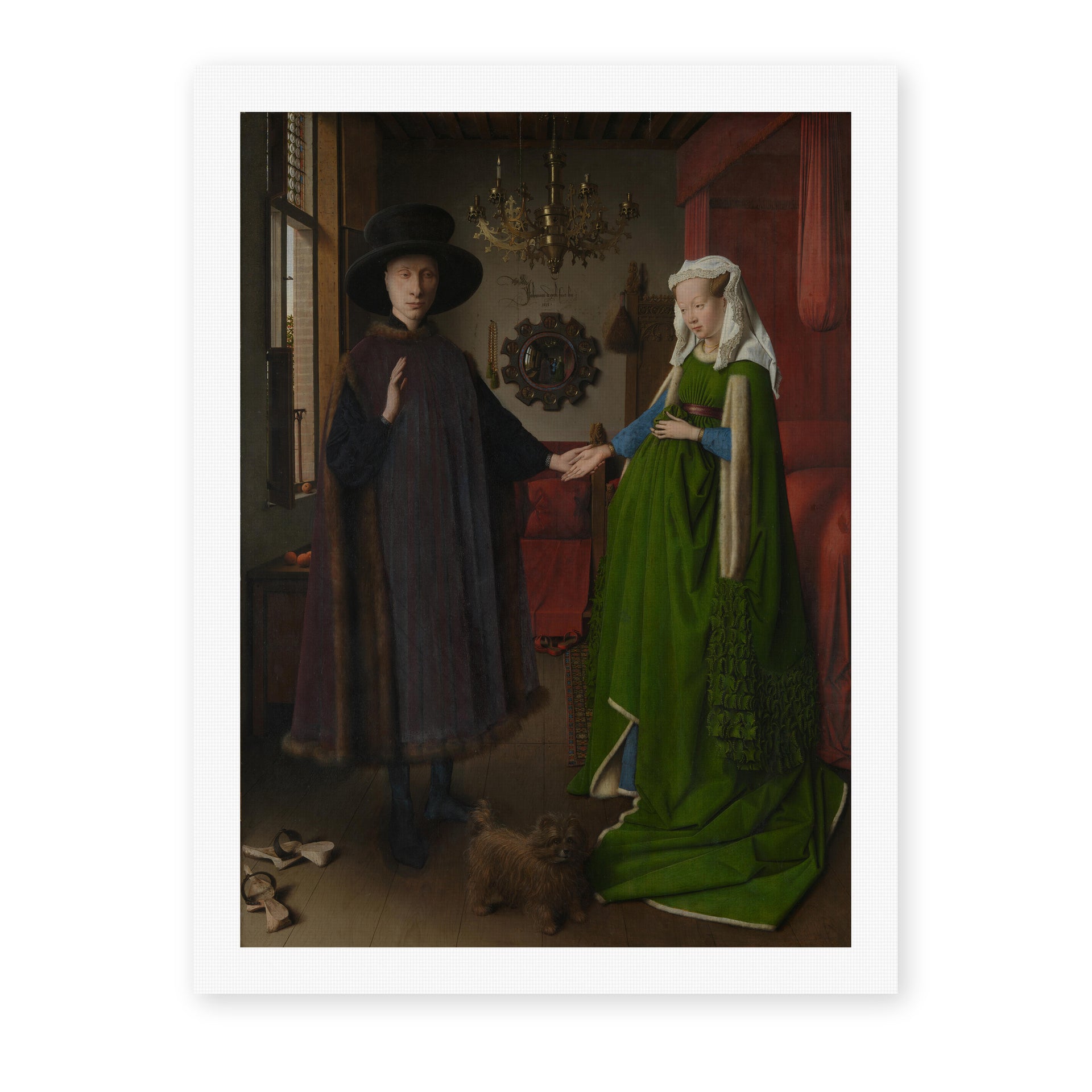 Jan van Eyck's 'Portrait of Giovanni Arnolfini and his Wife' painting reproduced as a rolled canvas print, painted in 1434, a landmark of Early Netherlandish art