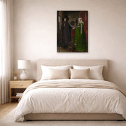 Gallery-wrapped canvas print of Jan van Eyck's 'Portrait of Giovanni Arnolfini and his Wife' displayed on a wall in a bedroom