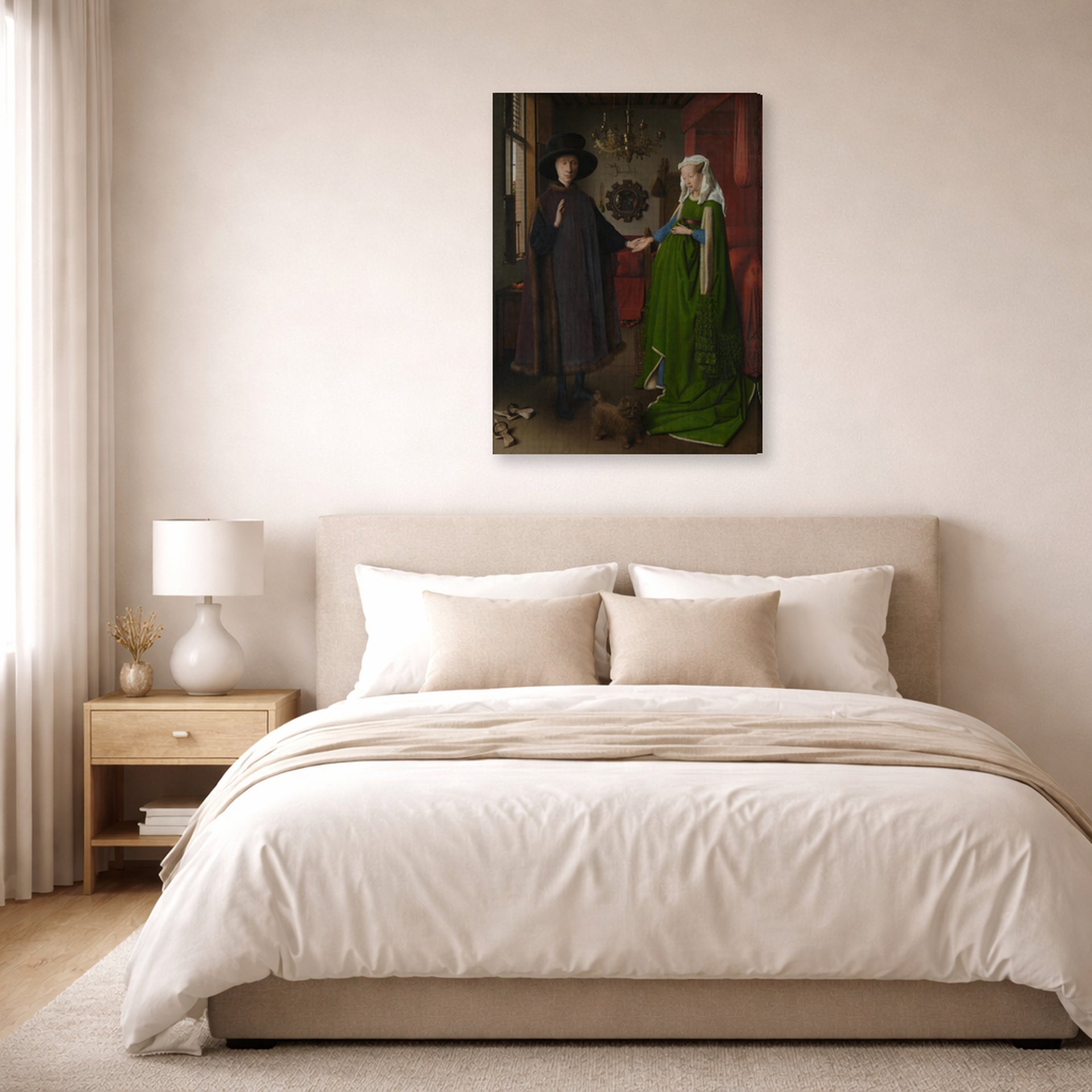 Gallery-wrapped canvas print of Jan van Eyck's 'Portrait of Giovanni Arnolfini and his Wife' displayed on a wall in a bedroom