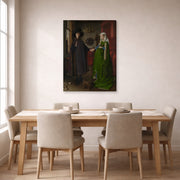 Gallery-wrapped canvas print of Jan van Eyck's 'Portrait of Giovanni Arnolfini and his Wife' displayed on a wall in a dining room