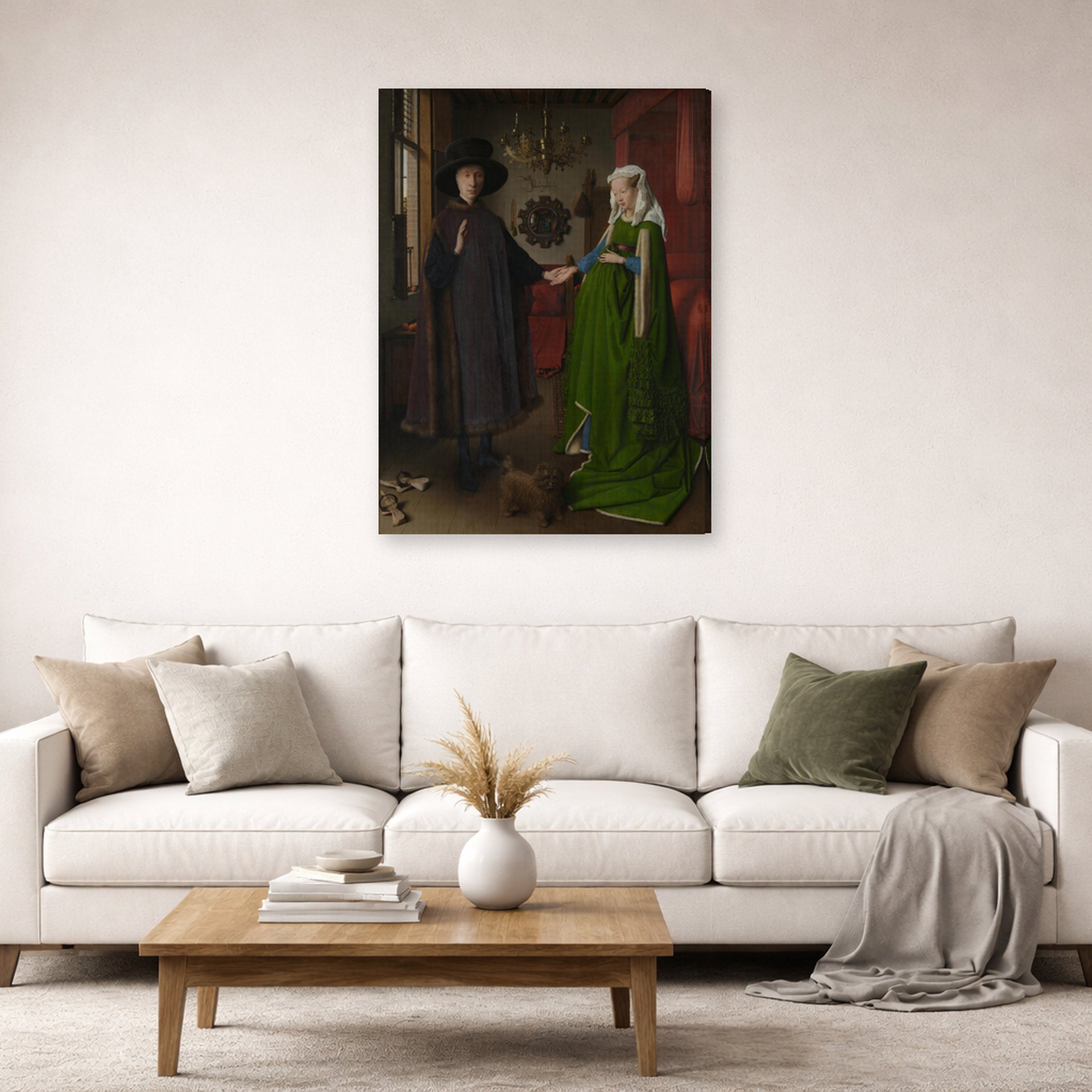 Gallery-wrapped canvas print of Jan van Eyck's 'Portrait of Giovanni Arnolfini and his Wife' displayed on a wall in a living room