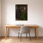 Gallery-wrapped canvas print of Jan van Eyck's 'Portrait of Giovanni Arnolfini and his Wife' displayed on a wall in an office