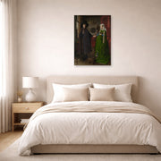 Unframed poster print of Jan van Eyck's 'Portrait of Giovanni Arnolfini and his Wife' displayed on a wall in a bedroom