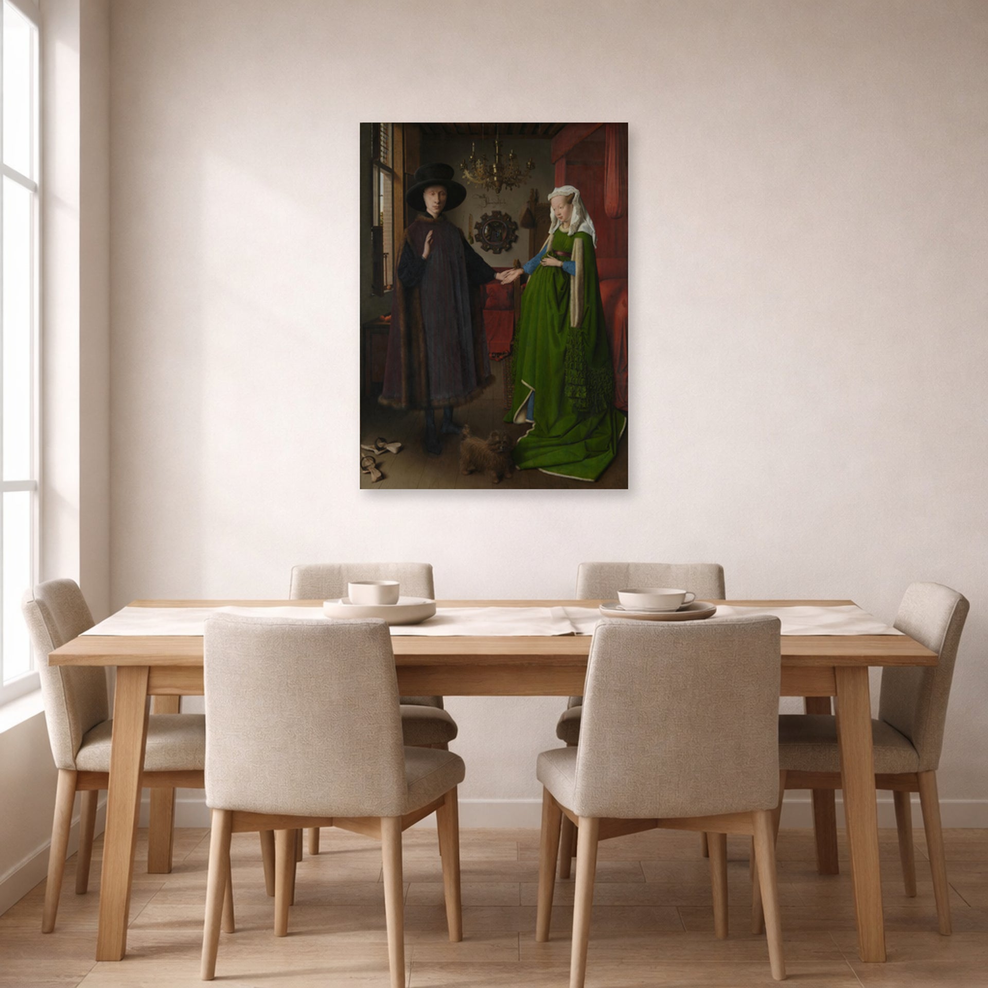 Unframed poster print of Jan van Eyck's 'Portrait of Giovanni Arnolfini and his Wife' displayed on a wall in a dining room