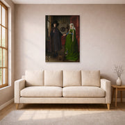Unframed poster print of Jan van Eyck's 'Portrait of Giovanni Arnolfini and his Wife' displayed on a wall in a living room