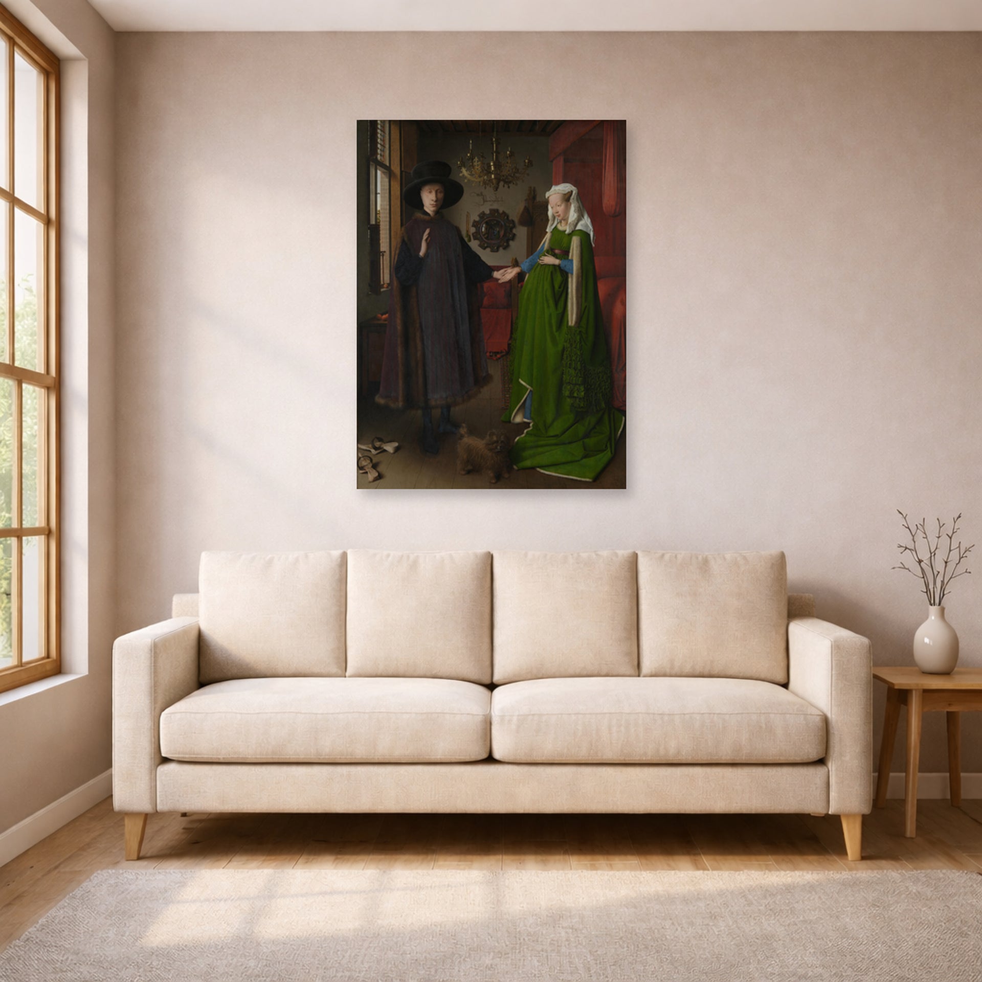Unframed poster print of Jan van Eyck's 'Portrait of Giovanni Arnolfini and his Wife' displayed on a wall in a living room