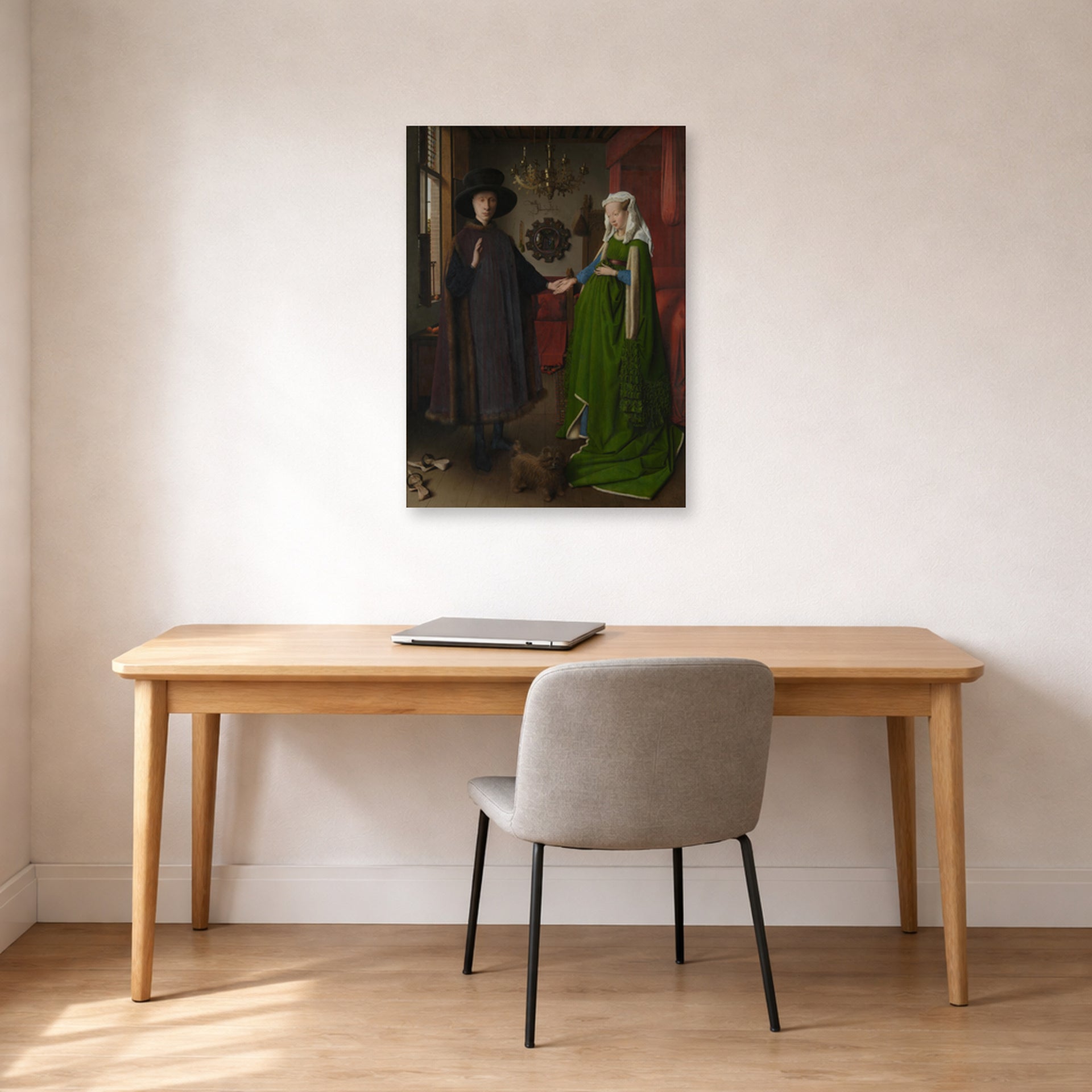 Unframed poster print of Jan van Eyck's 'Portrait of Giovanni Arnolfini and his Wife' displayed on a wall in an office