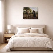 Gallery-wrapped canvas print of Jean-Francois Millet's Potato Planters displayed on a wall in a bedroom