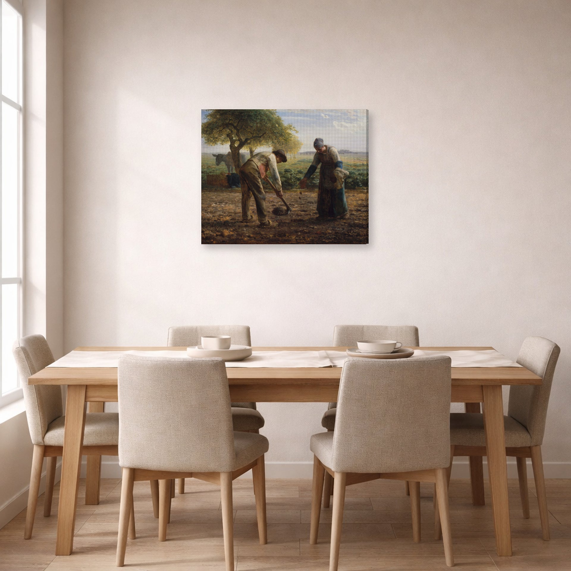 Gallery-wrapped canvas print of Jean-Francois Millet's Potato Planters displayed on a wall in a dining